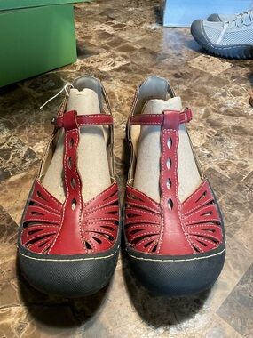 JBU Red T-Strap Sandals with Black Toe